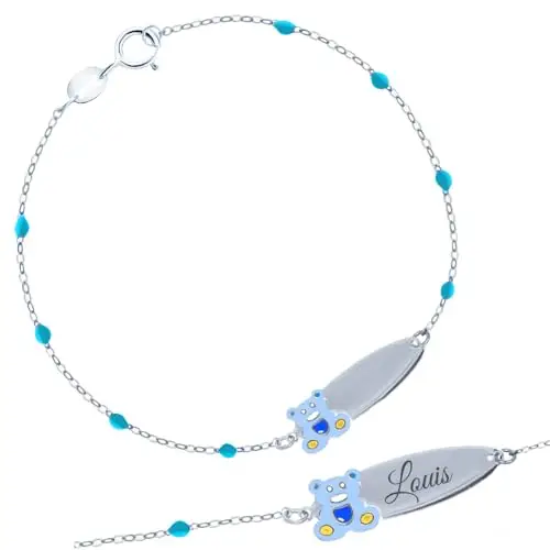 Sakrami Bracciale Rosary in Argento 925 con Orsetto Teddy Smaltato e Piastrina Incidibile per Bambini Kids Collection Regalo