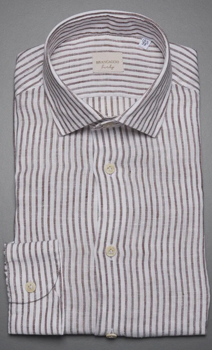 Brancaccio Camicia rigata in puro lino, colore nocciola
