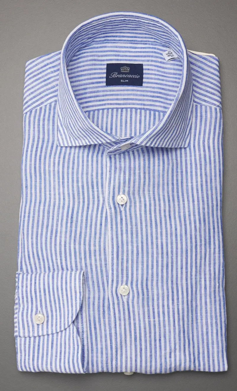Brancaccio Camicia rigata in puro lino, colore celeste