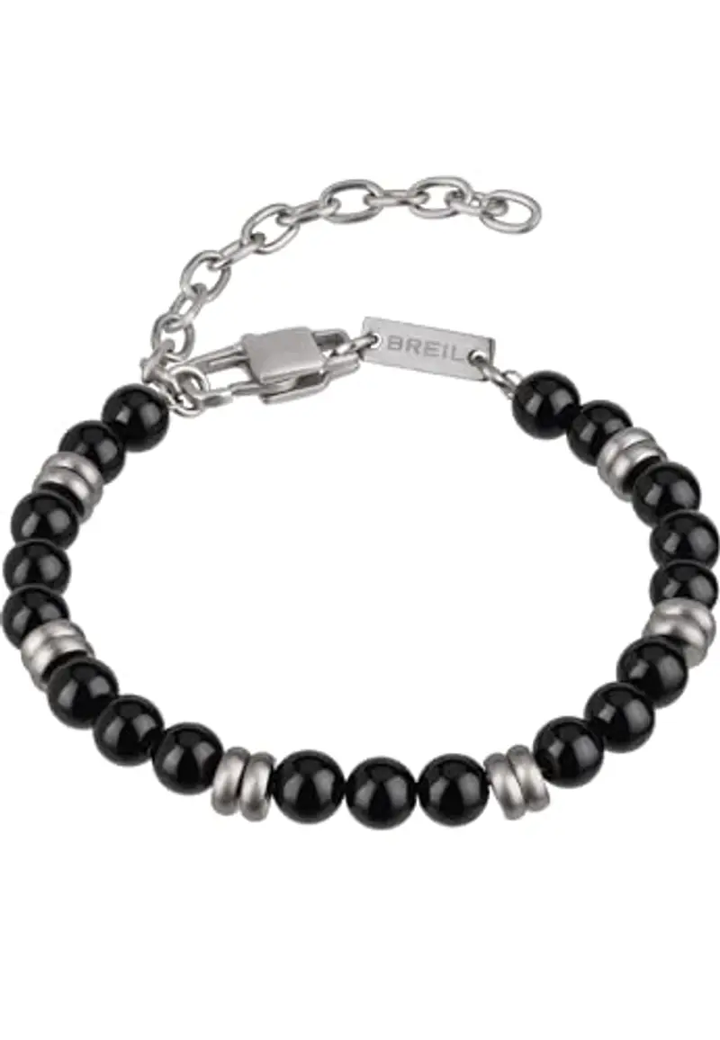 Breil Collezione Wise, Bracciale Uomo in Acciaio Satinato e Onice Nero, Accessorio Moderno ed Elegante, Lunghezza Regolabile 17-22 cm