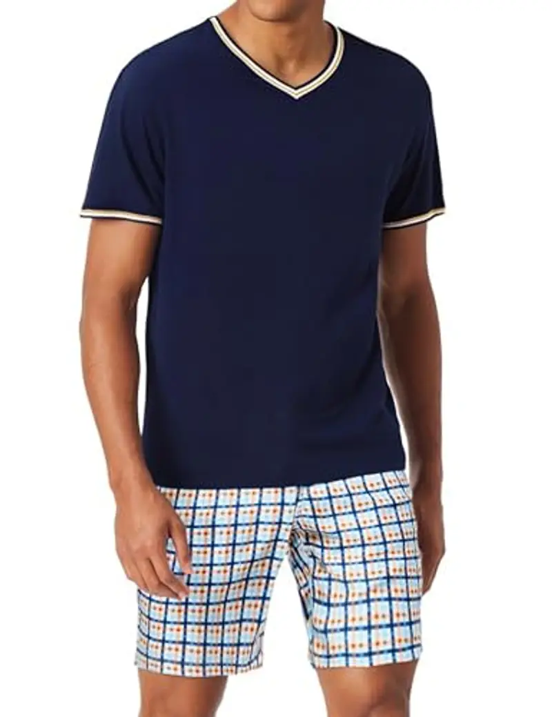 Bresdk Pigiama Uomo Estivo Corto Cotone Scollo a V Tasche Blu Navy Blu Arancio