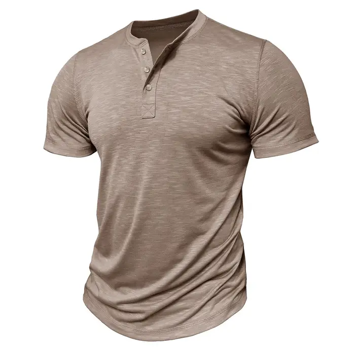 Magliette da uomo a maniche corte, scollo rotondo, bottoni, t-shirt Henley, estate, vestibilità slim, abbigliamento casual da uomo per tutti i giorni, abbigliamento da festa S cachi