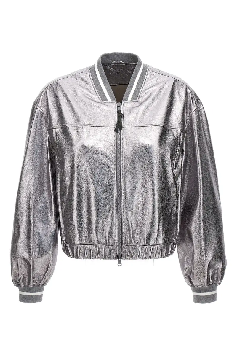 BRUNELLO CUCINELLI Bomber Pelle Laminata Argento