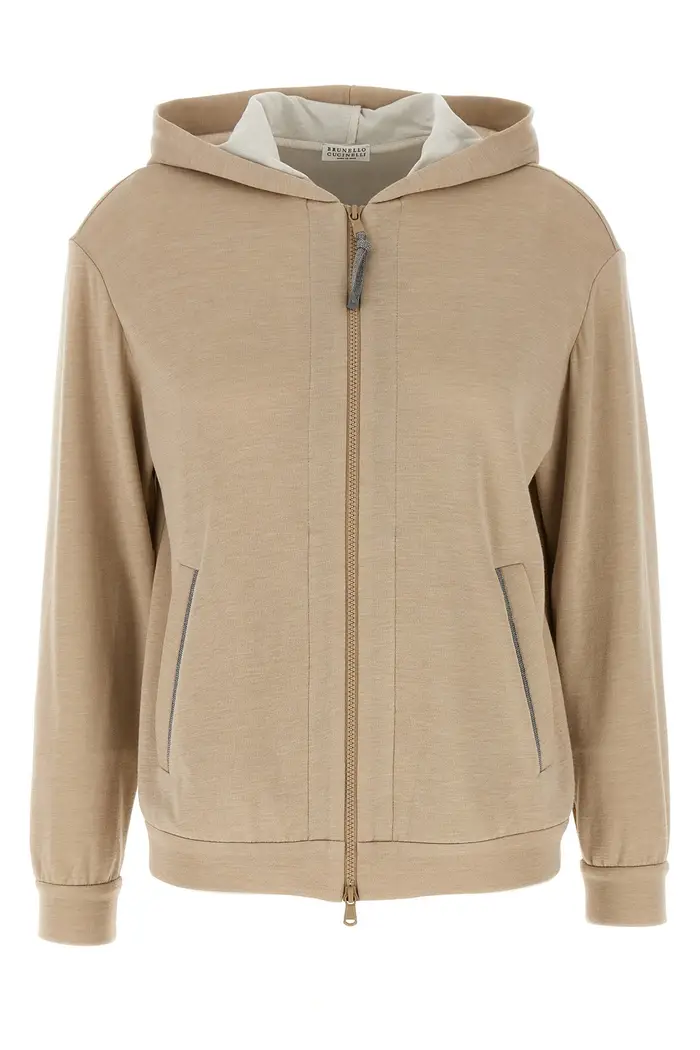 BRUNELLO CUCINELLI Felpa Con Cappuccio Precious Zipper Pull Beige