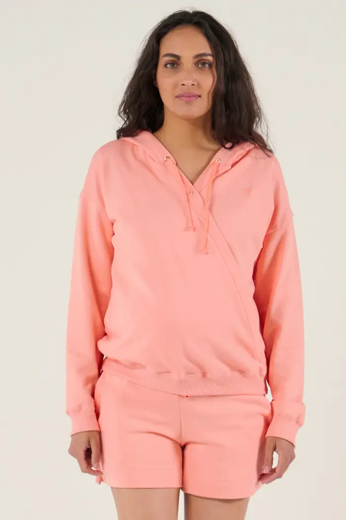 Cache Coeur COCONUT | Felpa Premaman e Allattamento Albicocca con Cappuccio Pink