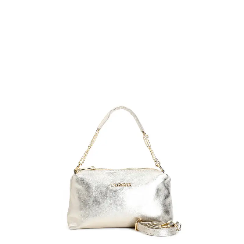 CafèNoir camera bag in pelle metallizzata con manico in catena con manigliotto e nappina platino