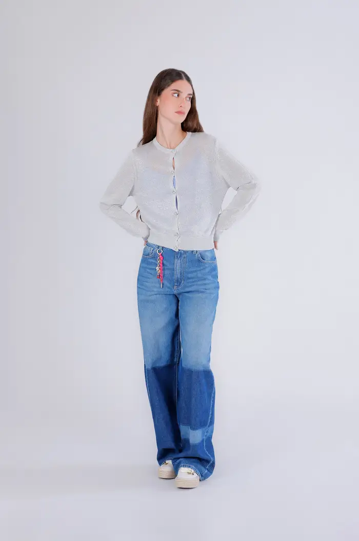 CafèNoir cardigan da donna in filato lurex con bottoni gioiello avena
