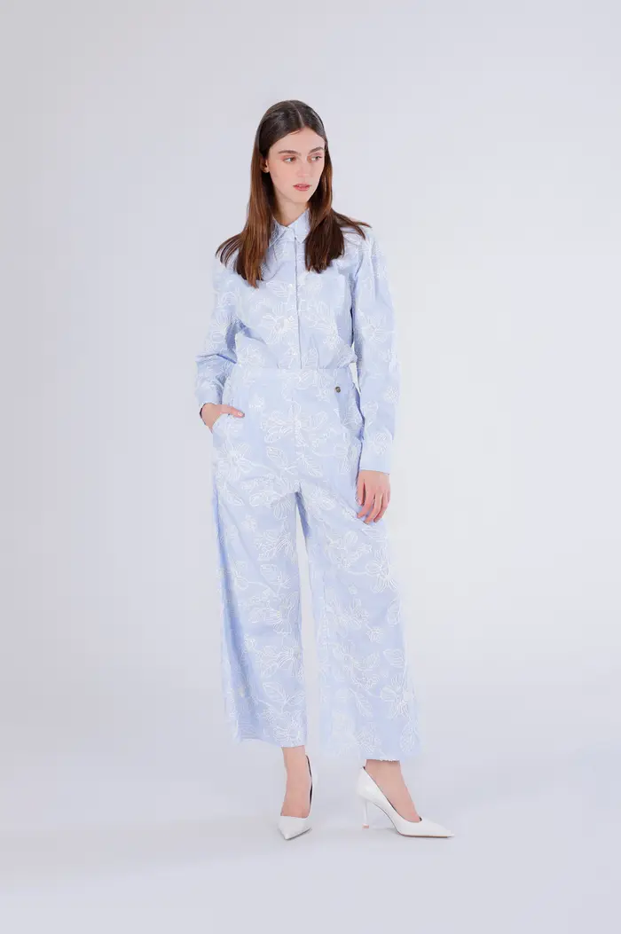 CafèNoir pantaloni palazzo in popeline rigato e ricamato rigato celeste