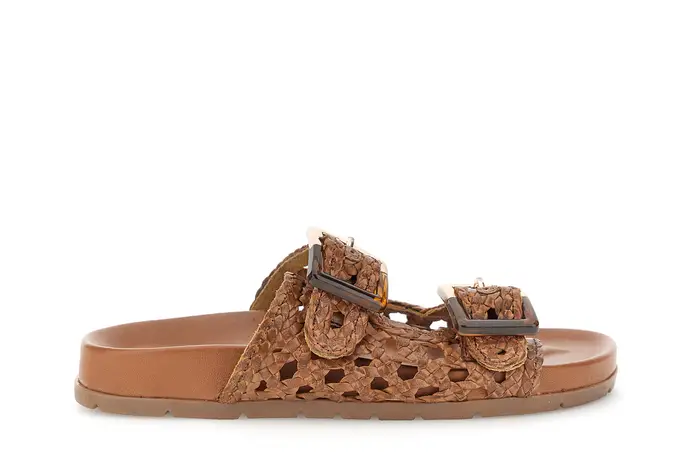 sandali ciabatta in pelle intrecciata con fibbie e platare sagomato cuoio