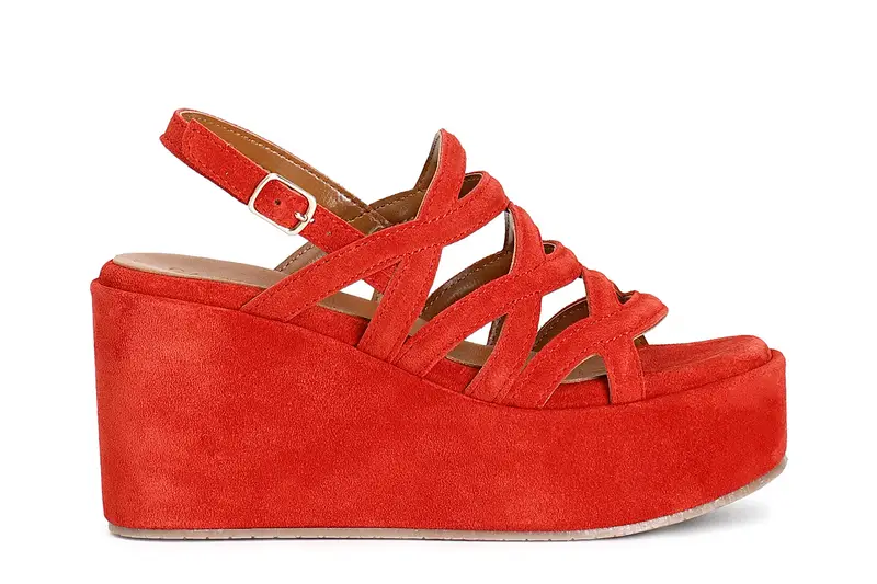 CafèNoir sandali zeppa in pelle scamosciata tre incroci corallo