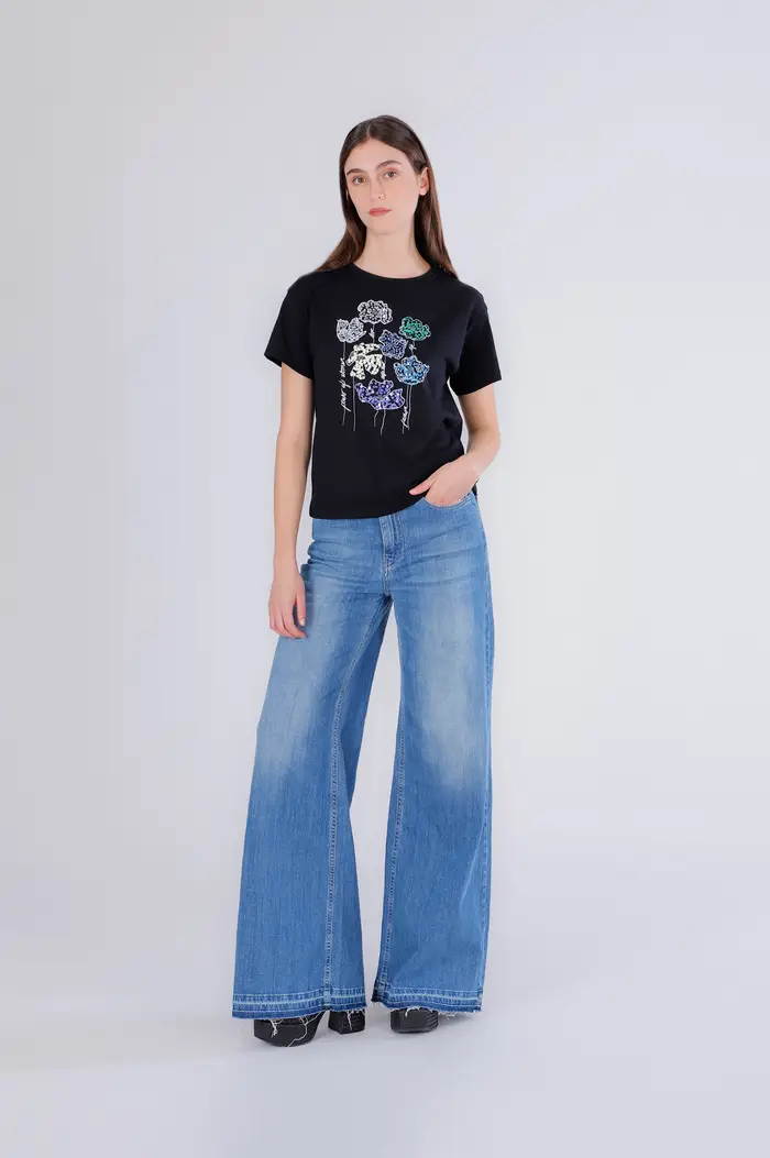 CafèNoir t-shirt con fiori in pailettes nero