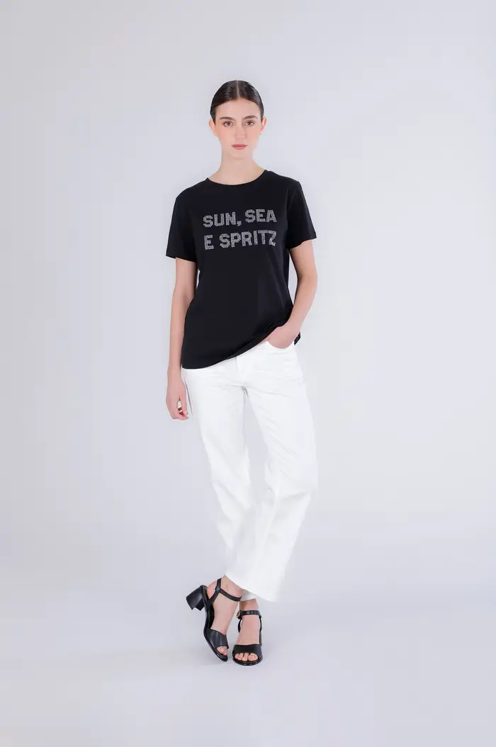 CafèNoir t-shirt manica corta con scritta "sun,see e spritz" nero