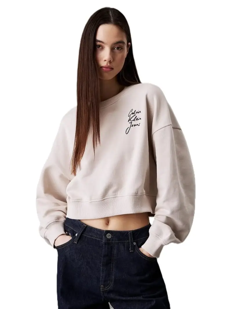 Calvin Klein felpa beige donna in cotone girocollo logo lettering