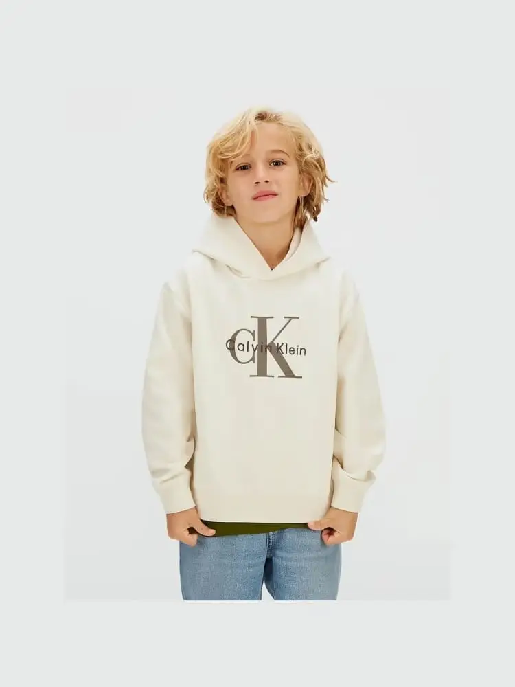 Calvin Klein felpa kids/junior con cappuccio panna logo frontale