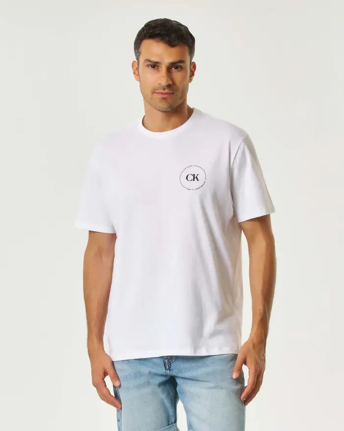 Calvin Klein Jeans T-shirt bianca mezza manica con logo bollo stampato fronte e retro