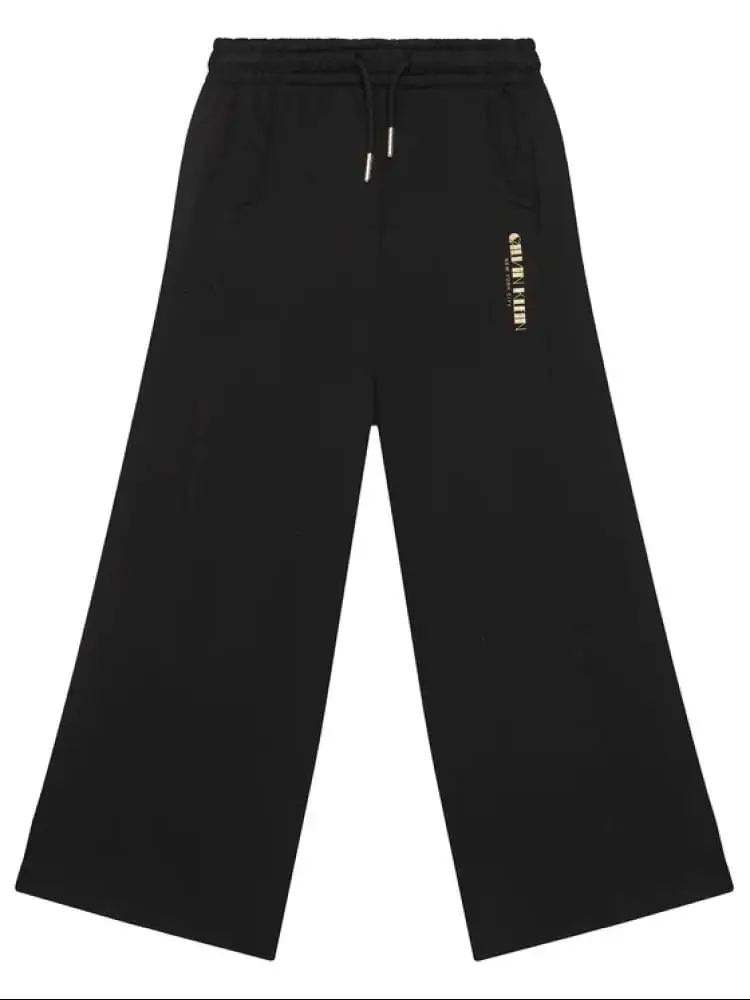 Calvin Klein panatlone tuta kids/junior wide leg in cotone nero con logo glitter