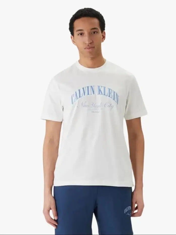 t-shirt uomo a maniche corte in cotone bianca con stampa logo azzurro