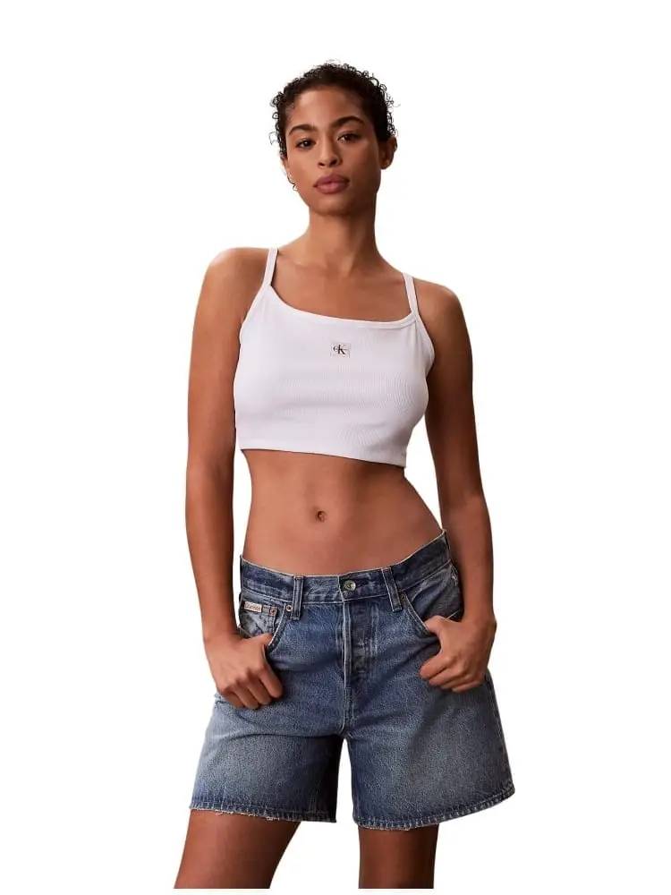 Calvin Klein top donna in cotone stretch bianco con logo monogram frontale