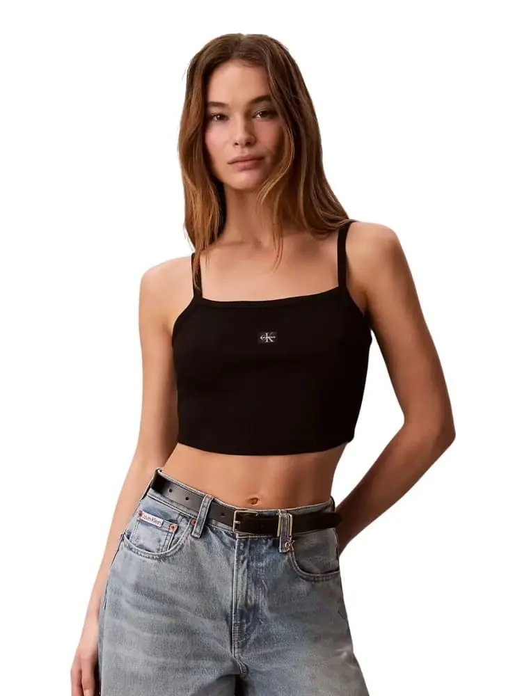 Calvin Klein top donna in cotone stretch nero con logo monogram frontale