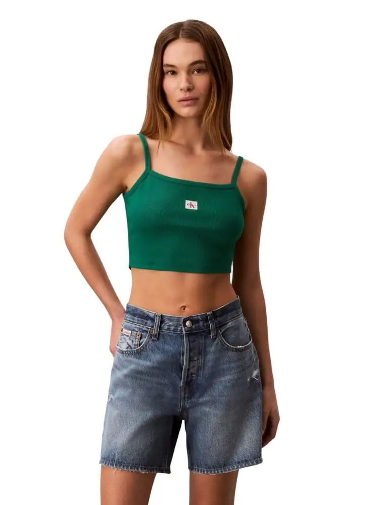Calvin Klein top donna in cotone stretch verde con logo monogram frontale