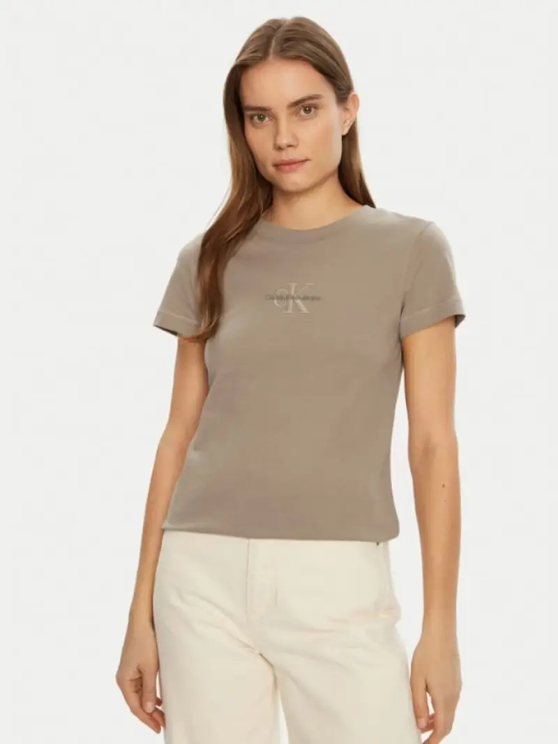 Calvin Klein tshirt beige donna in cotone mini logo ricamato sul petto