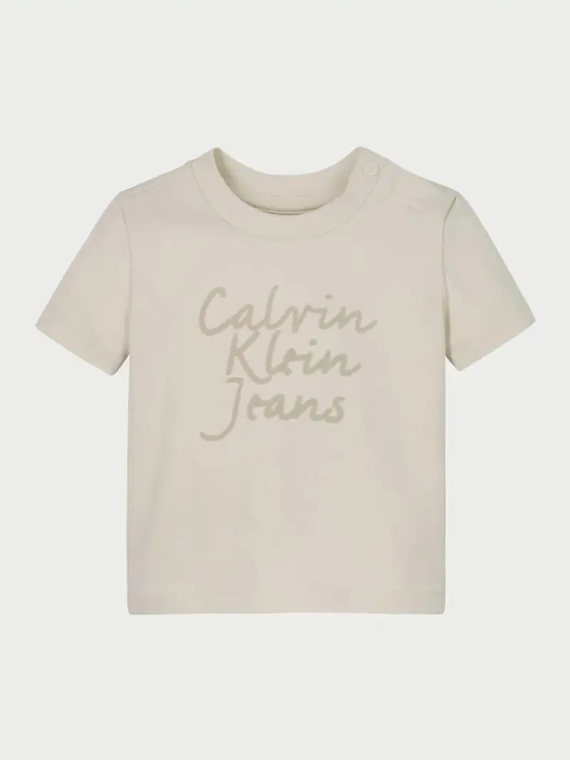 Calvin Klein tshirt beige neonata in cotone logo lettering sul davanti