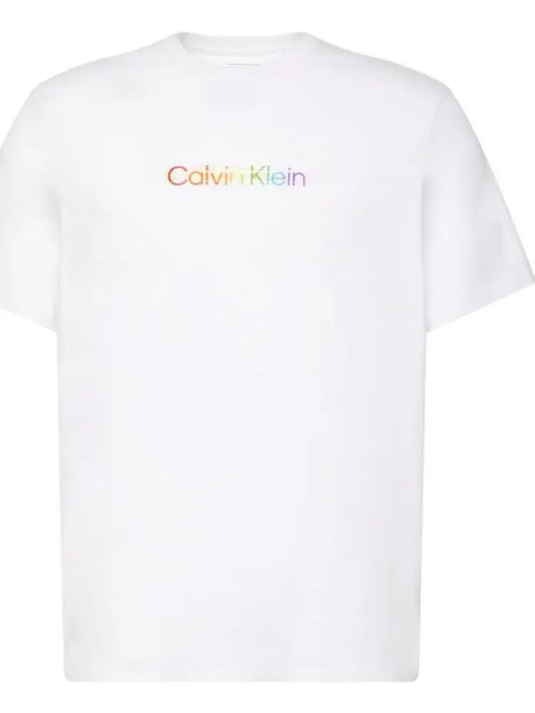 Calvin Klein tshirt bianca uomo in cotone logo lettering multicolor