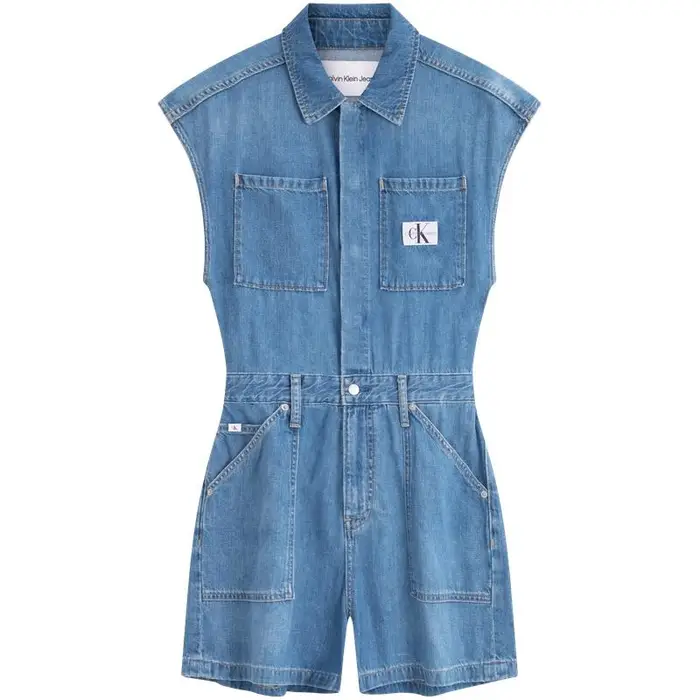 Calvin Klein Tuta di jeans senza maniche in stile retrò senza vita da donna Tute Azzurro Chiaro J223960