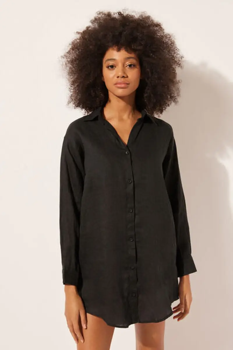 Calzedonia Abito Camicia in Lino Donna Nero
