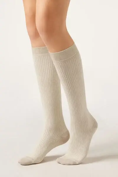 Calze Lunghe in Cotone a Costine Donna Naturale