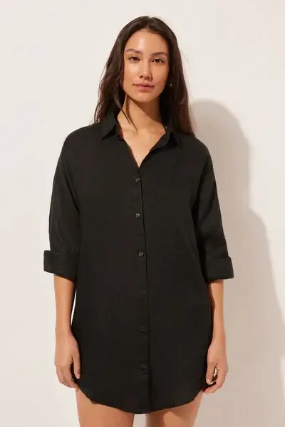 Calzedonia Abito Camicia in Lino Donna Nero