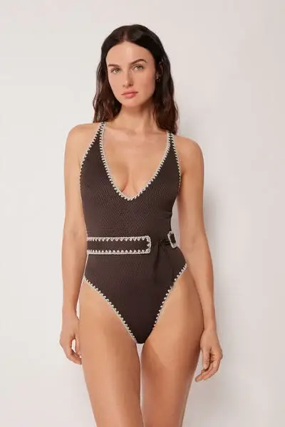 Costume Intero Bicolor Embroidery Donna Marrone