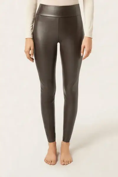 Calzedonia Pantaloni Leggings Effetto Pelle Termici Donna Marrone
