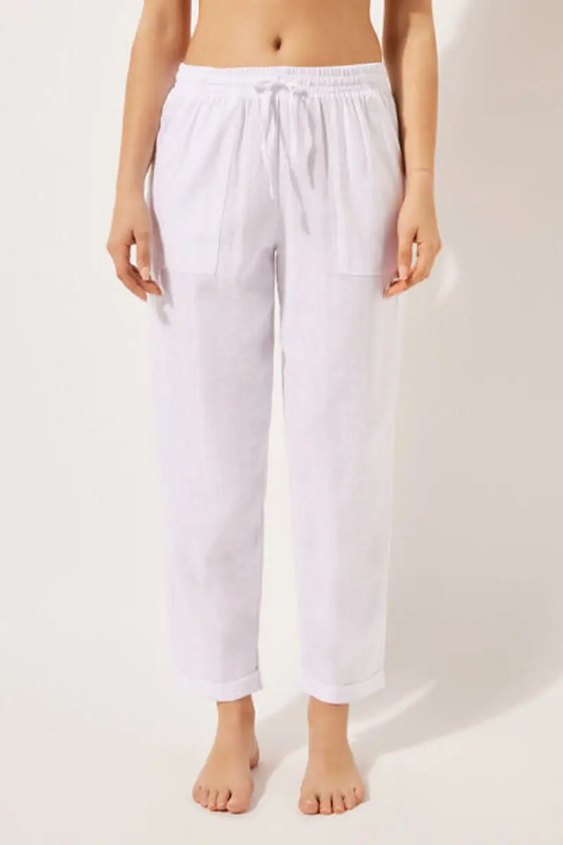 Calzedonia Pantaloni Lunghi Lino e Viscosa Donna Bianco