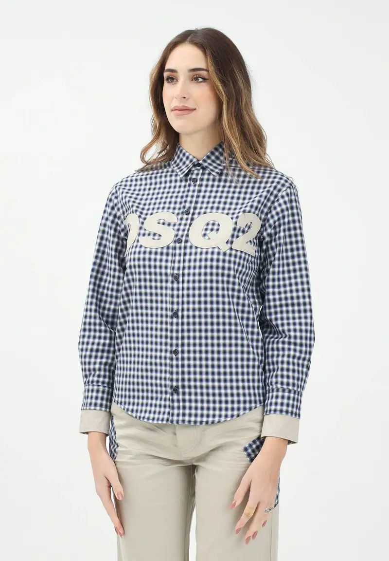 Dsquared2 Camicia a manica lunga a quadretti blu e bianchi per donna, ragazzi e bambini con ricamo logo