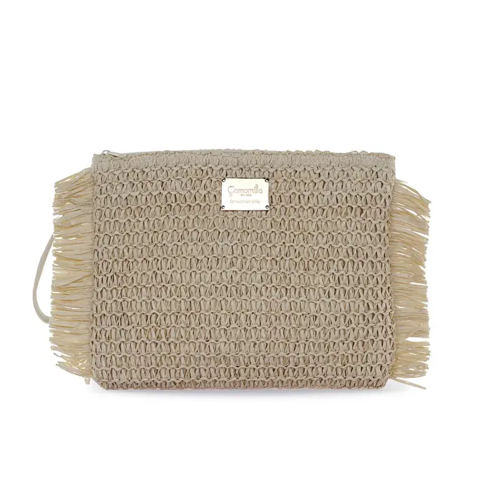 Pochette mare beige da donna in paglia intrecciata con bordi sfrangiati