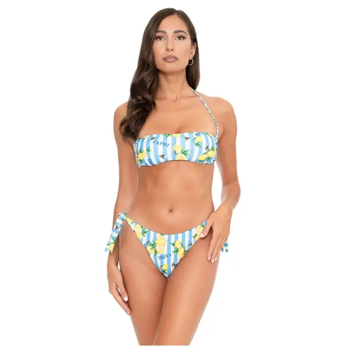 Bikini Fascia Ribattuta Mare C Costume Slip Fiocchi Azzurro Donna