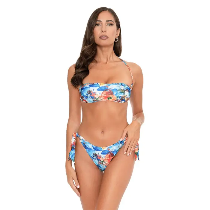 Bikini Fascia Ribattuta Mare C Costume Slip Fiocchi Blu Donna
