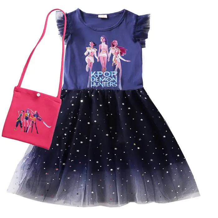 Car Ac KPop Cacciatori di Demoni Vestiti Bambini Manica Corta Abito Casual Abito in Pizzo per Neonate con Piccola Borsa Bambini Matrimonio