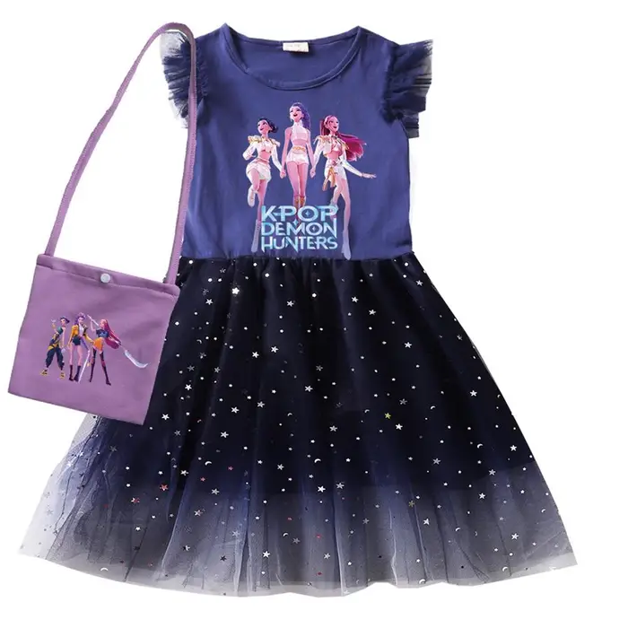 Car Ac KPop Cacciatori di Demoni Vestiti Bambini Manica Corta Abito Casual Abito in Pizzo per Neonate con Piccola Borsa Bambini Matrimonio