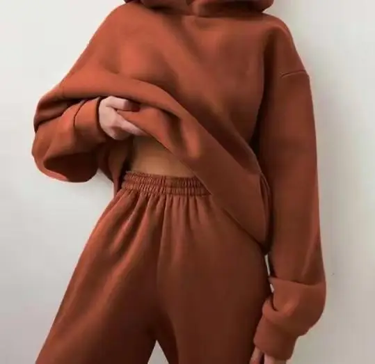 Car Ac Set eleganti da donna, in tinta unita, con cappuccio caldo, felpe e pantaloni lunghi, in due pezzi, alla moda, completi da donna con