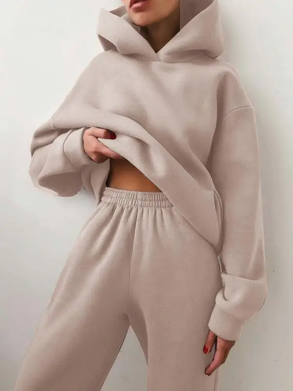 Car Ac Set eleganti da donna, in tinta unita, con cappuccio caldo, felpe e pantaloni lunghi, in due pezzi, alla moda, completi da donna con