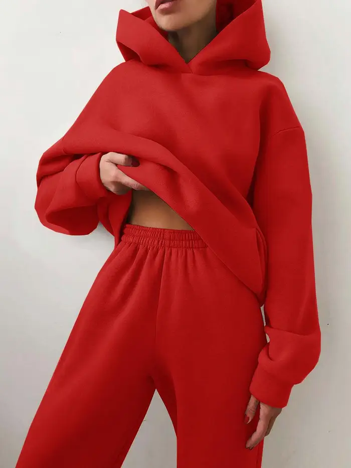 Car Ac Set eleganti da donna, in tinta unita, con cappuccio caldo, felpe e pantaloni lunghi, in due pezzi, alla moda, completi da donna con