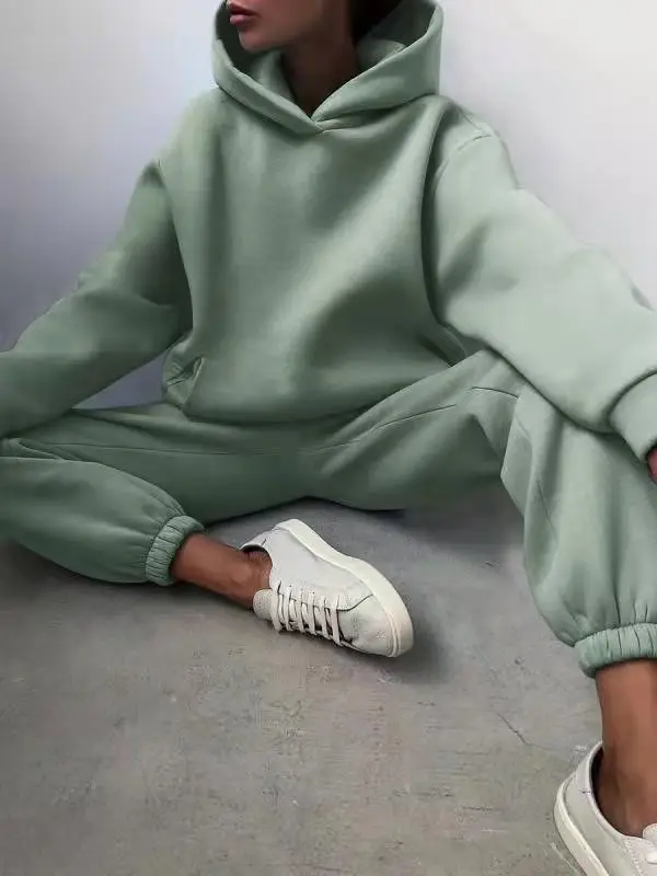 Car Ac Set eleganti da donna, in tinta unita, con cappuccio caldo, felpe e pantaloni lunghi, in due pezzi, alla moda, completi da donna con