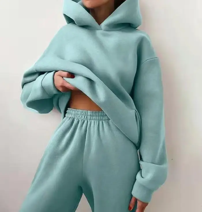Car Ac Set eleganti da donna, in tinta unita, con cappuccio caldo, felpe e pantaloni lunghi, in due pezzi, alla moda, completi da donna con