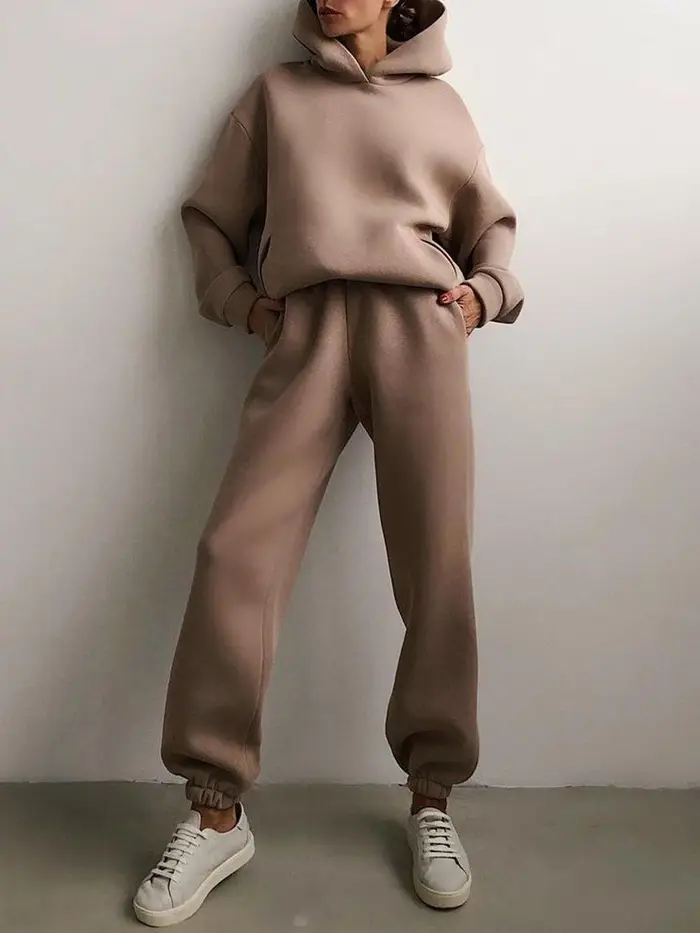 Car Ac Set eleganti da donna, in tinta unita, con cappuccio caldo, felpe e pantaloni lunghi, in due pezzi, alla moda, completi da donna con