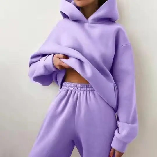 Car Ac Set eleganti da donna, in tinta unita, con cappuccio caldo, felpe e pantaloni lunghi, in due pezzi, alla moda, completi da donna con