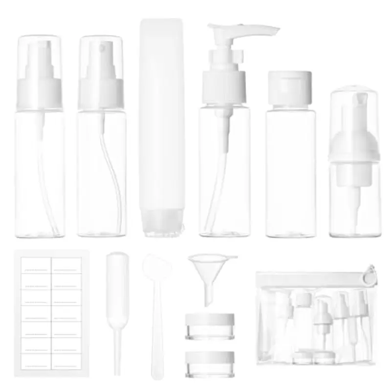 Carehabi Set di 12 bottiglie da viaggio da riempire, 30/50 ml, flacone spray trasparente, piccole lattine di crema, dispenser di schiuma