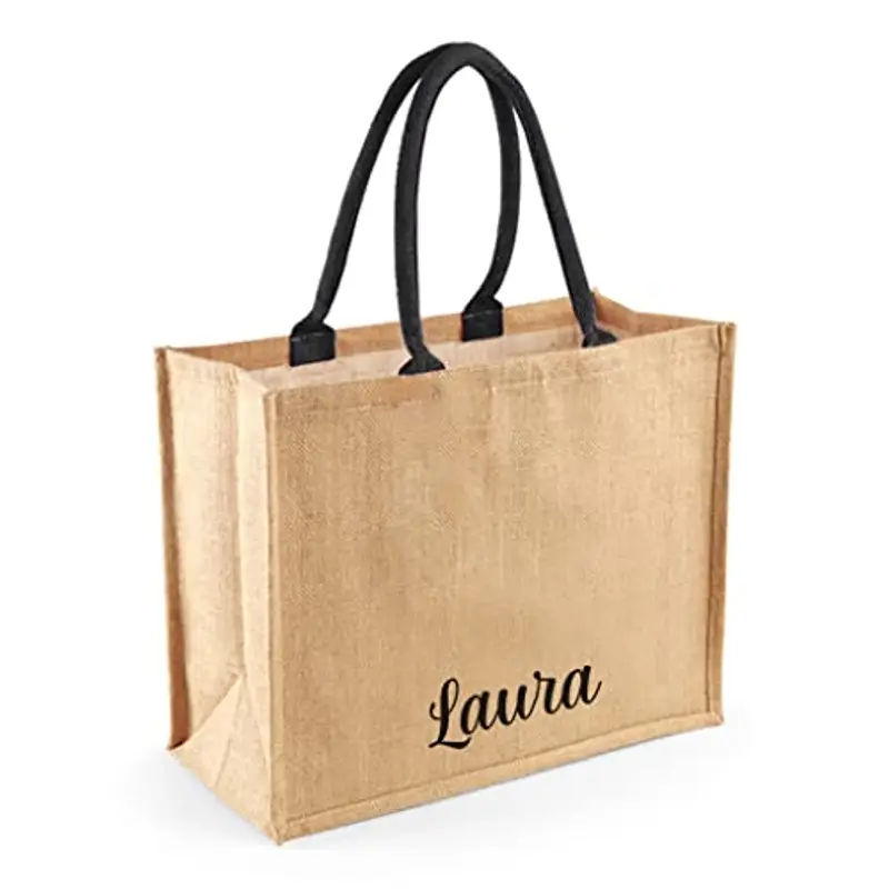 Caribu design Borsa in Juta Personalizzata con Nome Iniziali Testo e Fiocco opzionale - Tote Bag Personalizzata Shopper Grande per Donna