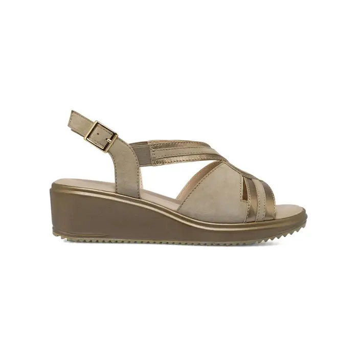CASUAL COMFORT Sandali comfort da donna in morbida pelle beige e oro con zeppa